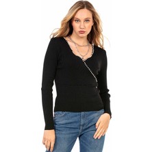 Cipo & Baxx WP207 Boncuklu V Yaka Siyah Triko