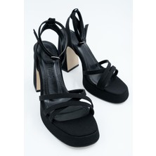 Modabuymus Olga Siyah Saten Kalın Platfrom Topuklu Çapraz Bantlı Ayakkabı