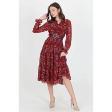 Neşeli Butik Kadın Kemerli Yakası Bağlama Detaylı Desenli Şifon Elbise RSSN02