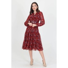 Neşeli Butik Kadın Kemerli Yakası Bağlama Detaylı Desenli Şifon Elbise RSSN02