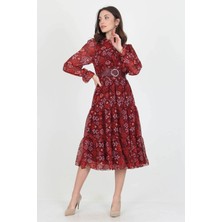 Neşeli Butik Kadın Kemerli Yakası Bağlama Detaylı Desenli Şifon Elbise RSSN02