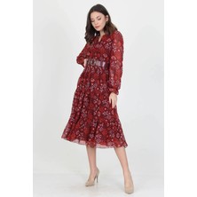 Neşeli Butik Kadın Kemerli Yakası Bağlama Detaylı Desenli Şifon Elbise RSSN02