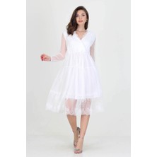 Neseli Butik Kruvaze Yaka Eteği Güpür Detaylı Yeni Sezon Elbise NB0010