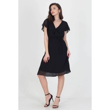 Neşeli Butik Kadın Midi Boy Yeni Sezon Kruvaze Yaka Melek Kol Şifon Elbise RY8081