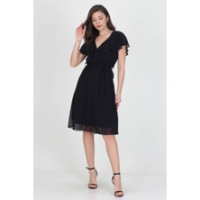 Neşeli Butik Kadın Midi Boy Yeni Sezon Kruvaze Yaka Melek Kol Şifon Elbise RY8081