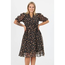 Neşeli Butik Kadın Kruvaze Yaka Midi Boy Büyük Beden Çiçekli Şifon Elbise NB80621