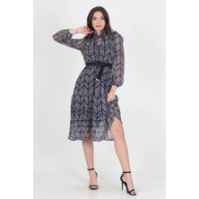 Neşeli Butik Kadın Puantiyeli Omuz ve Yakası Gipeli Midi Boy Kemerli Şifon Elbise NB0005