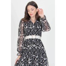 Neşeli Butik Kadın Kemerli Yakası Bağlama Detaylı Desenli Şifon Elbise RSSN02