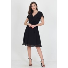 Neşeli Butik Kadın Midi Boy Yeni Sezon Kruvaze Yaka Melek Kol Şifon Elbise RY8081