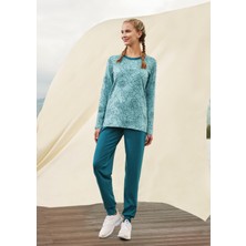 Doreanse Kadın Turkuaz Çiçek Desen Baskılı Uzun Kol T-Shirt Pijama Takımı 4073