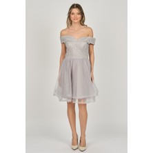 Dans Kadın Düşük Omuz Abiye Elbise 5270928 Gri