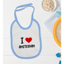 Bk Kids I Love Amsterdam Tasarımlı Mavi Bebek Mama Önlüğü - Model 1