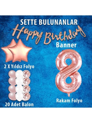 Rose Gold Konsept 8 Yaş Doğum Günü Kutlama Seti; Beyaz Gold Konfetili Balon, Rakam Yıldız Folyo ve Banner