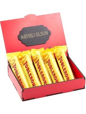 Nostaljik Lezzetler Hayırlı Olsun Yazılı Kırmızı Ahşap Hediye Kutusunda Toblerone 5'li