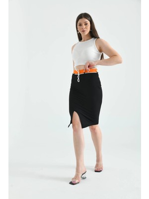 Moviment Siyah Lastik ve Bağlama Detaylı Midi Bodycon Örme Etek