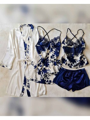 Çeyize Dair Herşey Lacivert Çiçekli Sabahlıklı 4 Lü Saten Gecelik Seti 6133