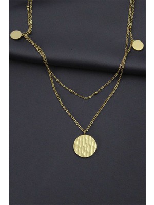 Tesbihkenti Çelik Gold Renk Desenli Oval Model Çift Zincir Tasarımlı Kadın Kolye