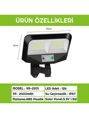 Upway 126 LED Solar Bahçe Lambası Güneş Enerjili 3 Modlu Dış Mekan Aydınlatma