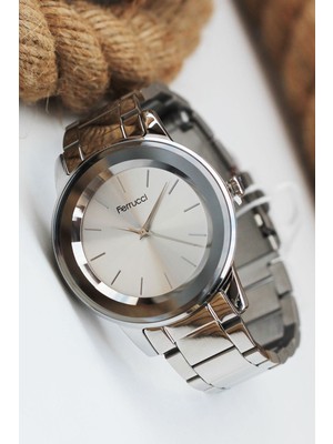 Ferrucci Kadın Kol Saati 3 ATM Suya Dayanıklı Metal Kasa Gri Beyaz Renkli Analog Saat