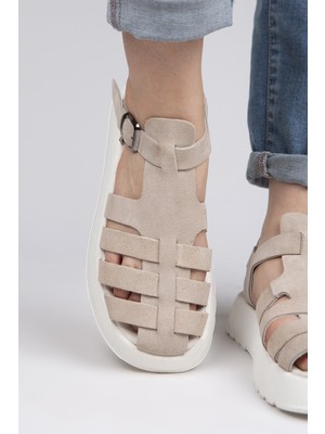 Manijero Kadın Deri Bej - Beyaz Tek Toka Sandalet Rahat Tasarım Eva Taban