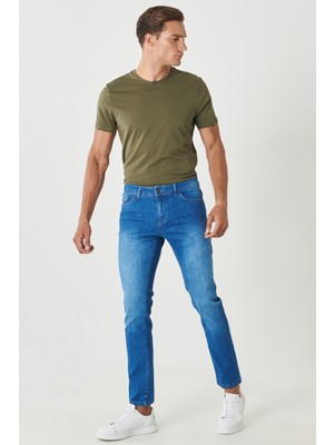 Altınyıldız Classics Erkek Mavi Slim Fit Dar Kesim 5 Cepli Esnek Denim Pantolon