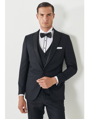 Altınyıldız Classics Erkek Lacivert Slim Fit Dar Kesim Kırlangıç Yaka Desenli Yelekli Smokin Takım
