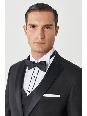 Altınyıldız Classics Erkek Siyah Slim Fit Dar Kesim Mono Yaka Desenli Yelekli Smokin Takım