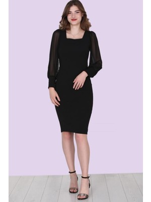 Zy Plus Siyah Kare Yaka  Şifon Uzun Kollu Likralı Kalem Elbise