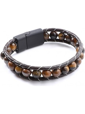 Hg.Aksesuar Erkek Kaplangözü Doğaltaş Deri Bileklik