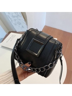 Xinh Yeni Pu Deri Retro Zincirler Hasp Omuz Çantası Küçük Narin Kova Çanta Kadın Crossbody Çanta Bayan Çanta | Omuz Çantaları (Siyah) (Yurt Dışından)