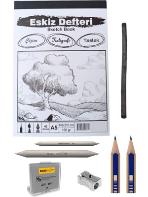 O&S Eskiz Seti, Eskiz Başlangıç Seti, Defter, Kömür Kalemi, Pastel Dağıtıcı, Hamur Silgi..