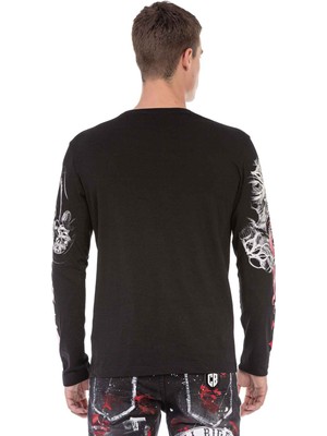 Cipo & Baxx CL450 Parlak Baskılı Ince Siyah Sweatshirt