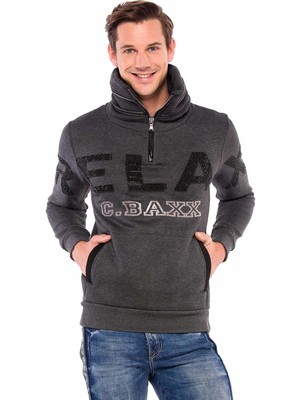 Cipo & Baxx CL385 Taşlı Relax Dik Fermuar Yaka Kalın Sweatshirt