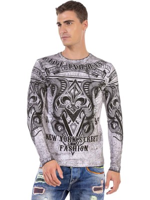 Cipo & Baxx CL449 Gri Yıkamalı Baskılı Ince Sweatshirt