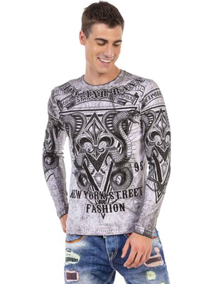 Cipo & Baxx CL449 Gri Yıkamalı Baskılı Ince Sweatshirt