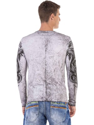 Cipo & Baxx CL449 Gri Yıkamalı Baskılı Ince Sweatshirt