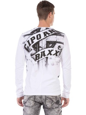 Cipo & Baxx CL452 Taşlı Baskılı Beyaz Ince Sweatshirt