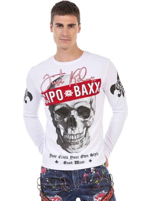 Cipo & Baxx CL454 Taşlı Kurukafa Ince Beyaz Sweatshirt