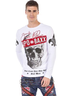 Cipo & Baxx CL454 Taşlı Kurukafa Ince Beyaz Sweatshirt