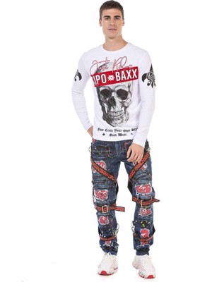 Cipo & Baxx CL454 Taşlı Kurukafa Ince Beyaz Sweatshirt