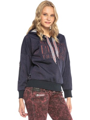 Cipo & Baxx WL246 Kabartmalı Kapşonlu Lacivert Bayan Lacivert Sweatshirt