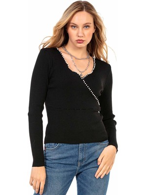 Cipo & Baxx WP207 Boncuklu V Yaka Siyah Triko