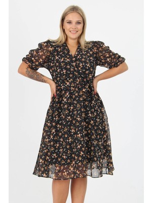 Neşeli Butik Kadın Kruvaze Yaka Midi Boy Büyük Beden Çiçekli Şifon Elbise NB80621