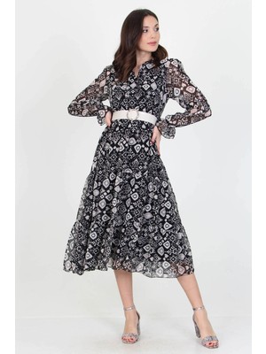 Neşeli Butik Kadın Kemerli Yakası Bağlama Detaylı Desenli Şifon Elbise RSSN02