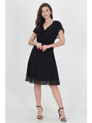 Neşeli Butik Kadın Midi Boy Yeni Sezon Kruvaze Yaka Melek Kol Şifon Elbise RY8081