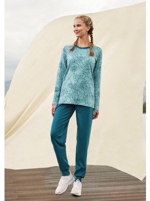 Doreanse Kadın Turkuaz Çiçek Desen Baskılı Uzun Kol T-Shirt Pijama Takımı 4073