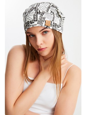 Butikgiz Beyaz Desen Kadın 4 Mevsim Pamuklu, Esnek, Ultra Yumuşak Hafif, Terletmez, Ip Detaylı Penye Şapka