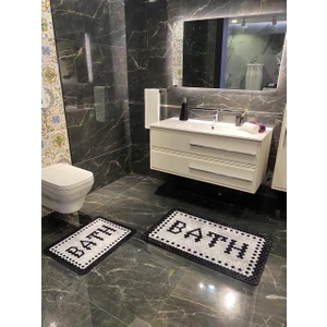 Black Bath Yazılı Desenli 2'li Kaymaz Taban Su Geçirmez Banyo Paspas Takımı (60X100 - 60X50)