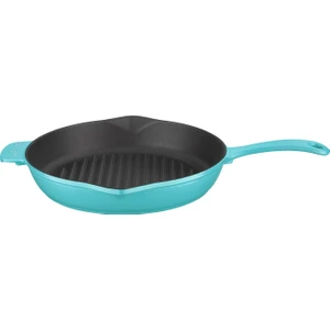 Döküm Izgara Tava, Metal Saplı ÇAP(Ø)28CM, Parlak Siyah Taban, Mat Turkuaz
