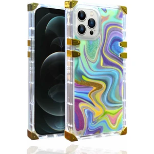 Case 4U Apple iPhone 13 Pro Max Kılıf Ebruli Dalga Desenli Altın Airbag Köşe Koruma Ples Kapak Mavi